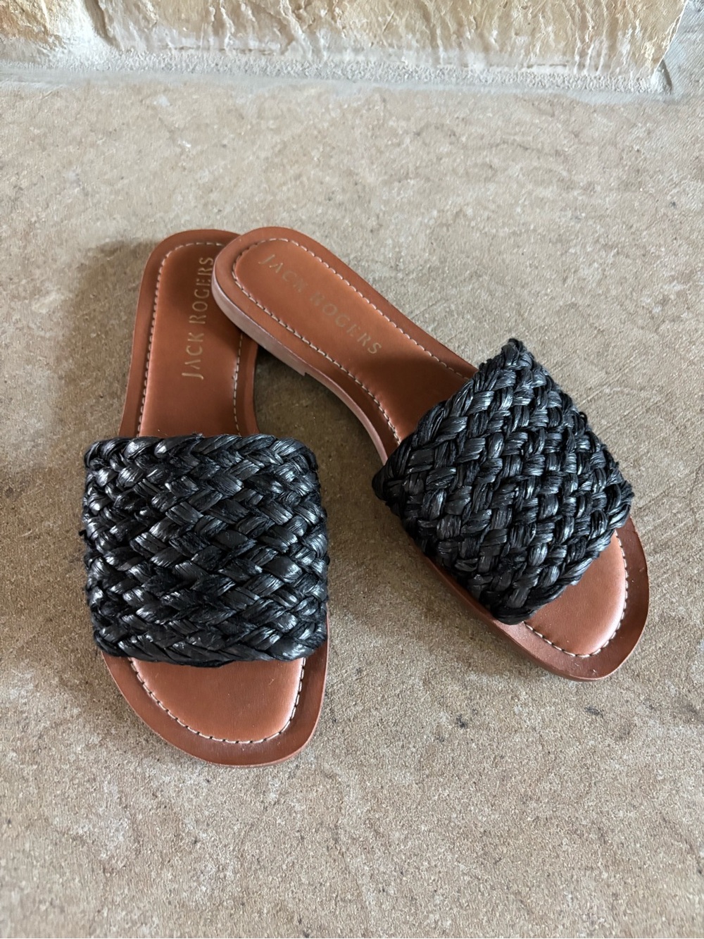 Jack Rogers Black Braided Slide Sandals with Tan Footbed